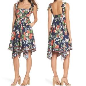 Eliza J Navy Floral Handkerchief Knee Length Dress 8